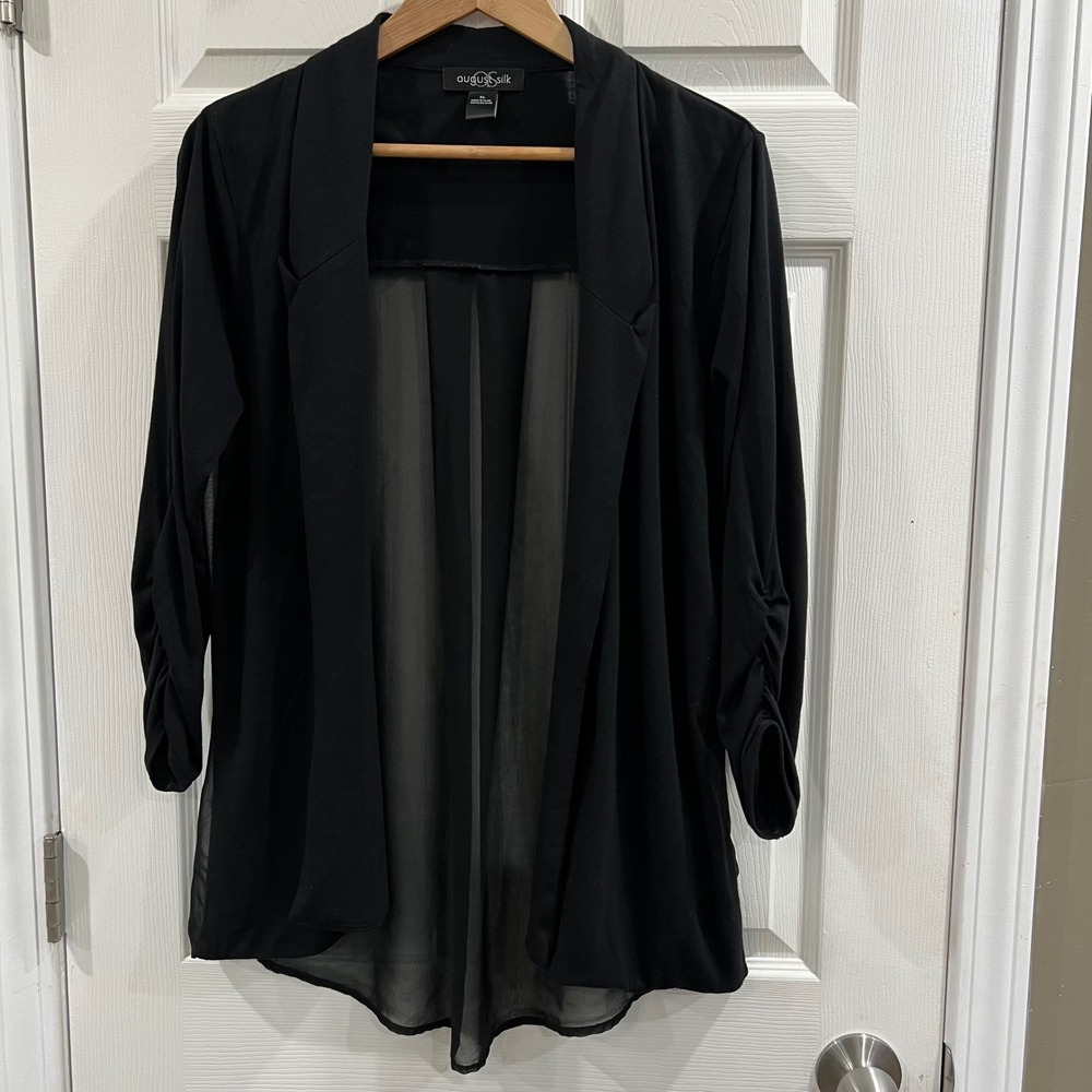 August Silk Womens XL Black Open Front Cardigan Sheer Pleated Back Ruched Sleeve